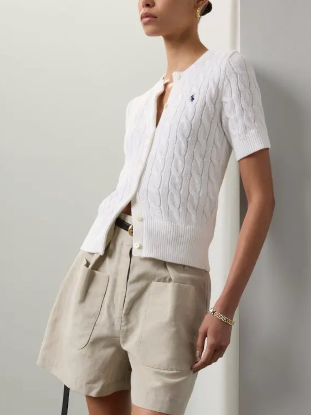 Ralph Lauren White Cable-Knit Short Sleeve Cardigan with Navy Label